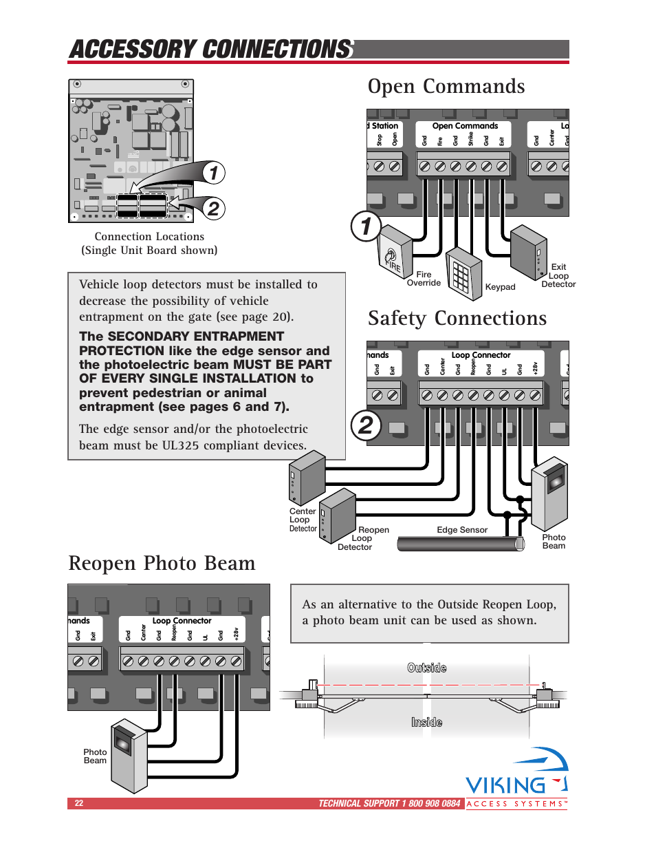 Accessory connections, Open commands, Safety connections | Reopen photo beam, Inside outside, Connection locations (single unit board shown) | Viking Access Systems Vehicular Gate Opener X-9 User Manual | Page 24 / 36