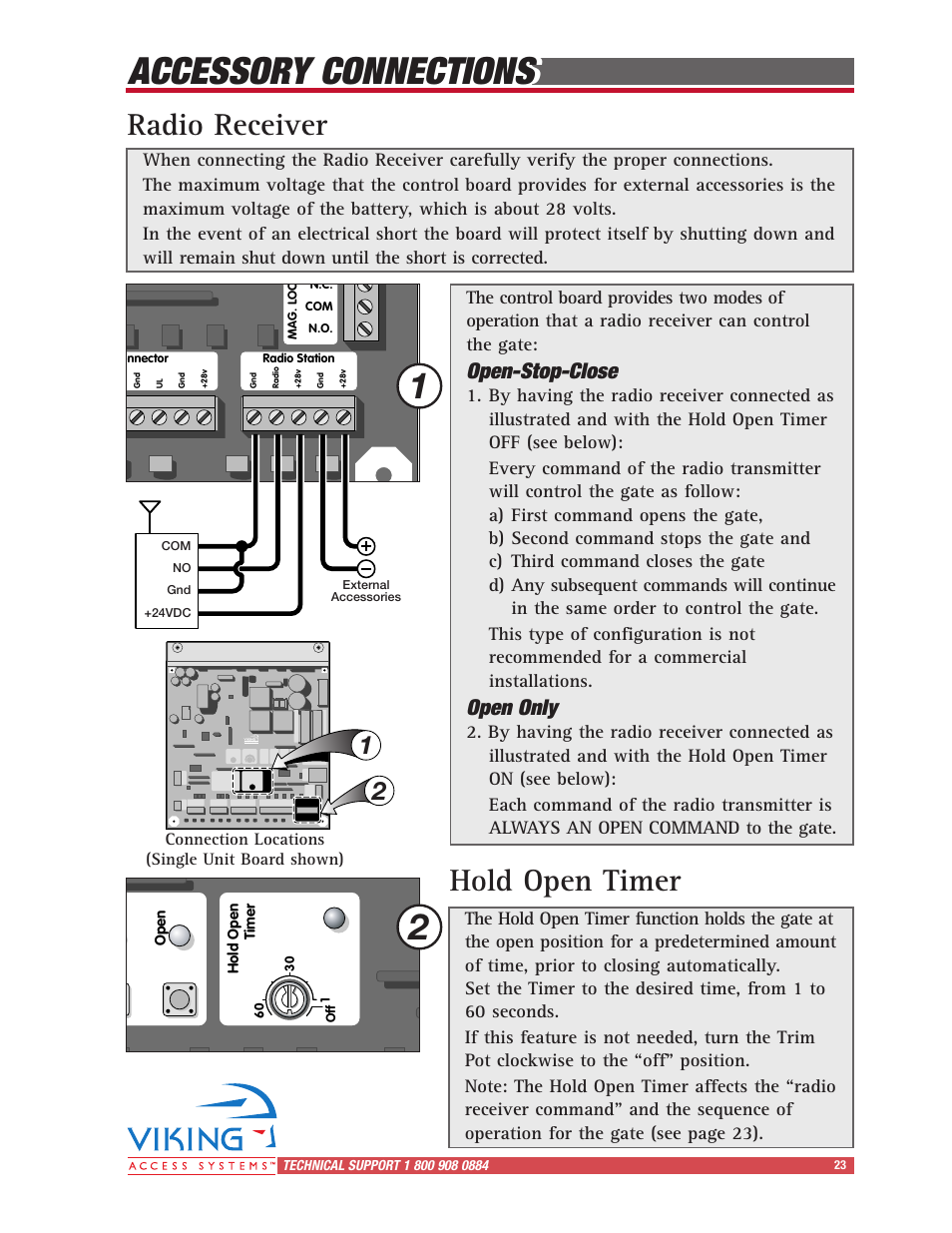 Accessory connections, Radio receiver, Hold open timer | Open-stop-close, Open only, Connection locations (single unit board shown) | Viking Access Systems Vehicular Gate Opener X-9 User Manual | Page 25 / 36