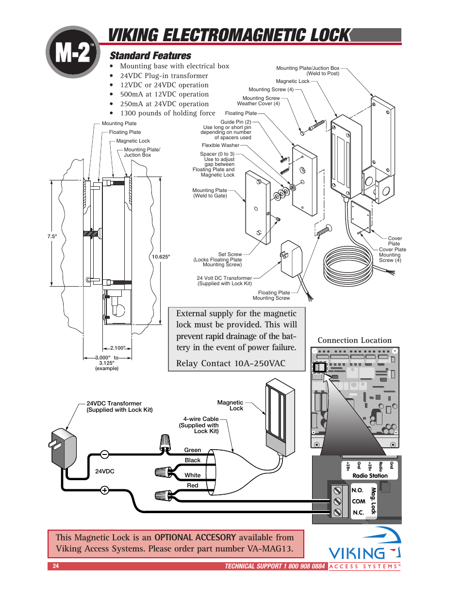 Viking electromagnetic lock, Standard features, Connection location | Viking Access Systems Vehicular Gate Opener X-9 User Manual | Page 26 / 36