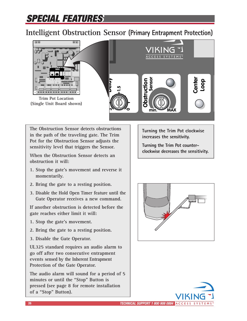 Special features, Intelligent obstruction sensor, Primary entrapment protection) | Viking Access Systems Vehicular Gate Opener X-9 User Manual | Page 28 / 36