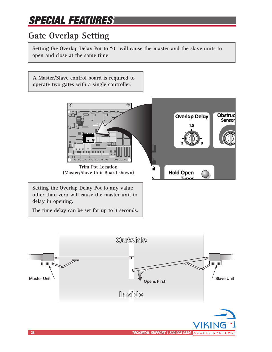 Special features, Gate overlap setting, Inside outside | Viking Access Systems Vehicular Gate Opener X-9 User Manual | Page 30 / 36