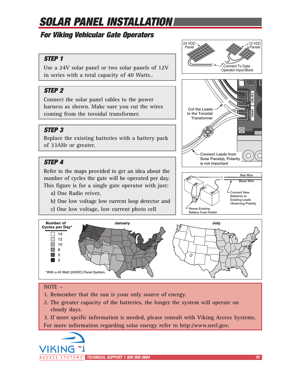 Solar panel installation, For viking vehicular gate operators, Step 1 | Step 3, Step 2, Step 4 | Viking Access Systems Vehicular Gate Opener X-9 User Manual | Page 31 / 36