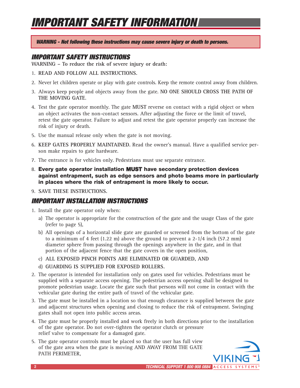 Important safety information | Viking Access Systems Vehicular Gate Opener X-9 User Manual | Page 4 / 36