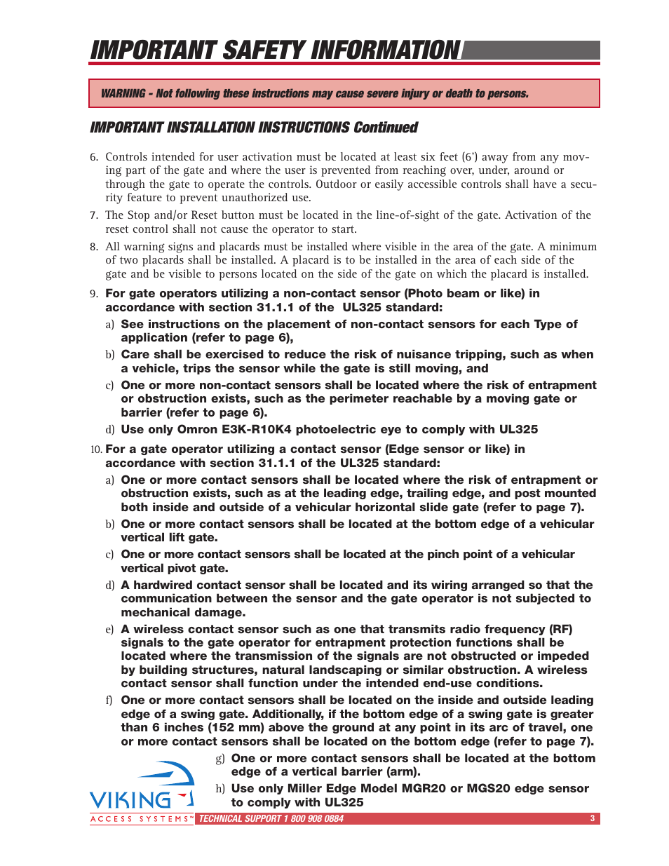 Important safety information | Viking Access Systems Vehicular Gate Opener X-9 User Manual | Page 5 / 36