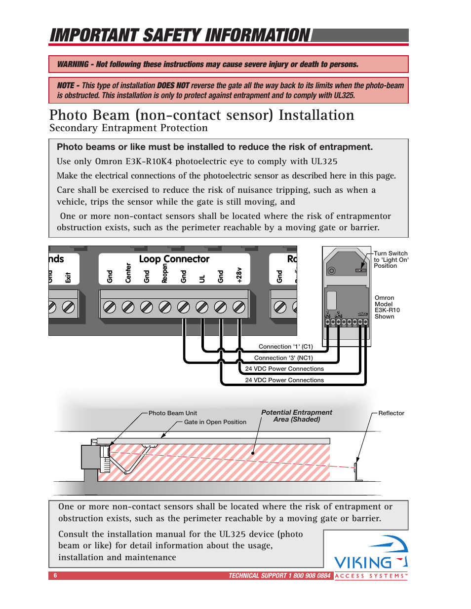 Important safety information, Photo beam (non-contact sensor) installation | Viking Access Systems Vehicular Gate Opener X-9 User Manual | Page 8 / 36