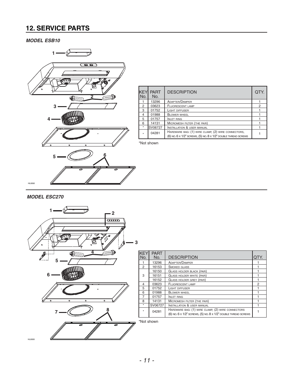 Service parts, Key part description qty. no. no, Key part no. no. description qty | Venmar ESC270 User Manual | Page 11 / 36