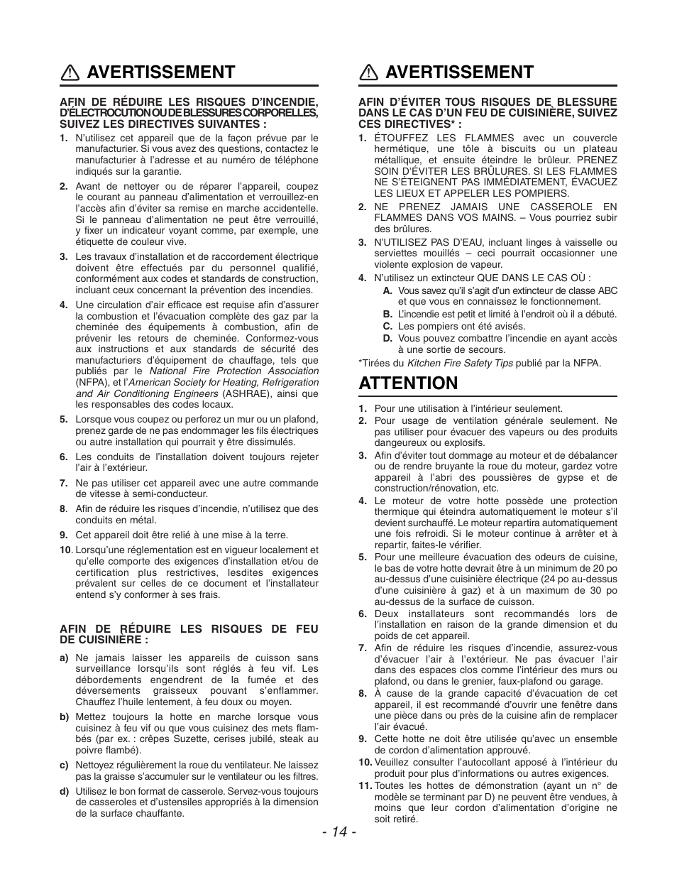 Avertissement, Attention | Venmar ESC270 User Manual | Page 14 / 36