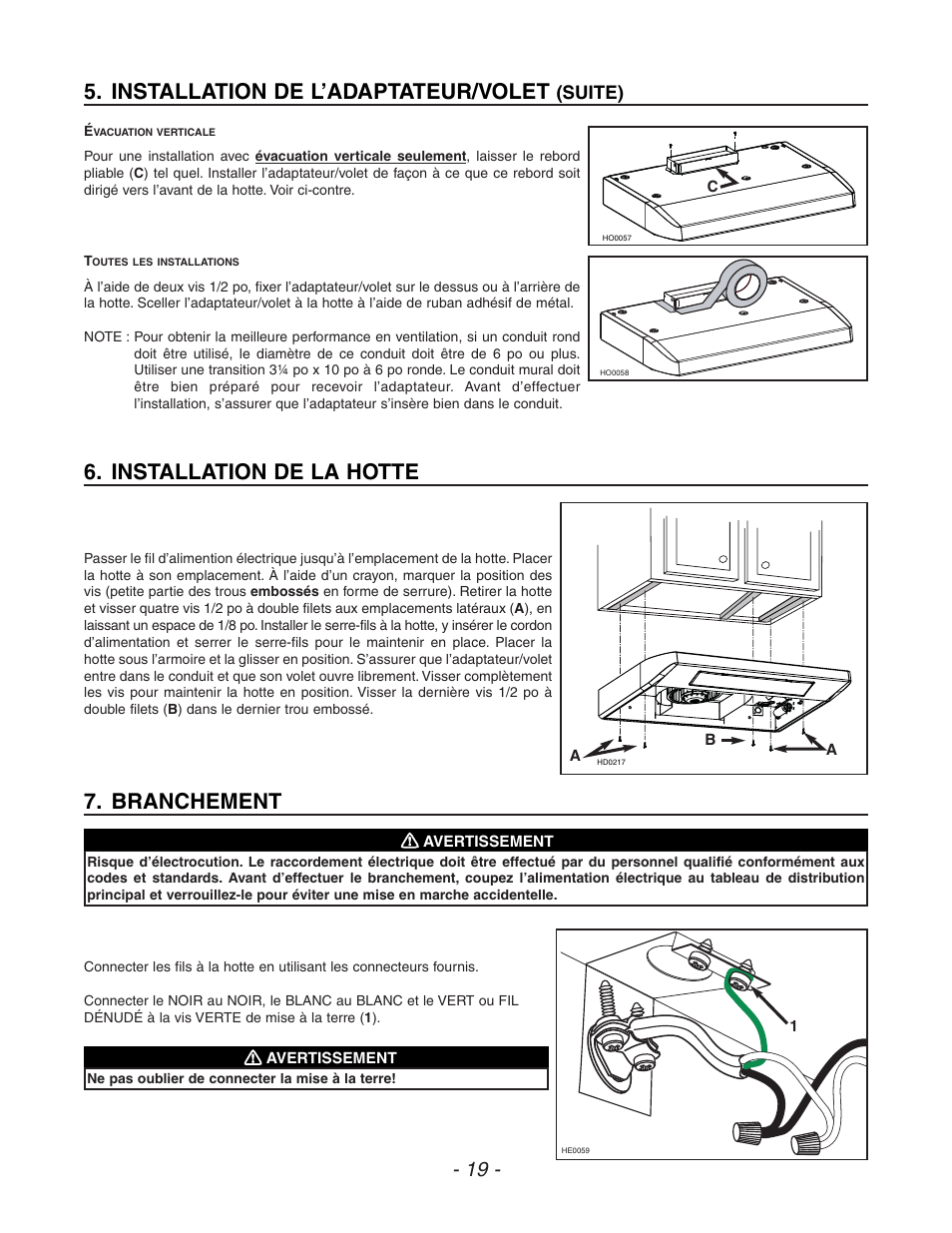 Installation de la hotte, Installation de l’adaptateur/volet, Branchement | Suite) | Venmar ESC270 User Manual | Page 19 / 36