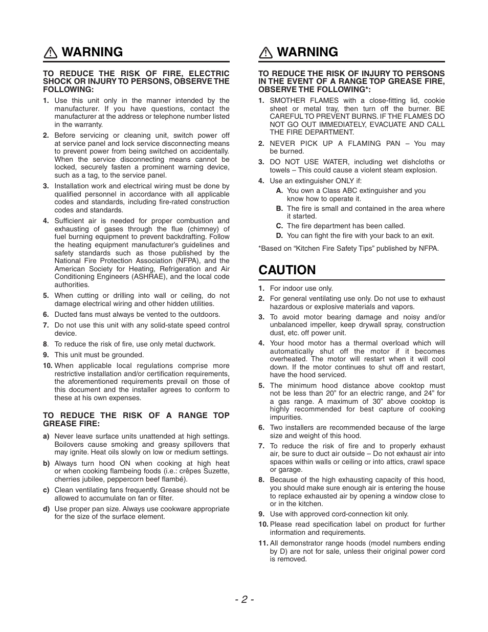 Warning, Caution | Venmar ESC270 User Manual | Page 2 / 36