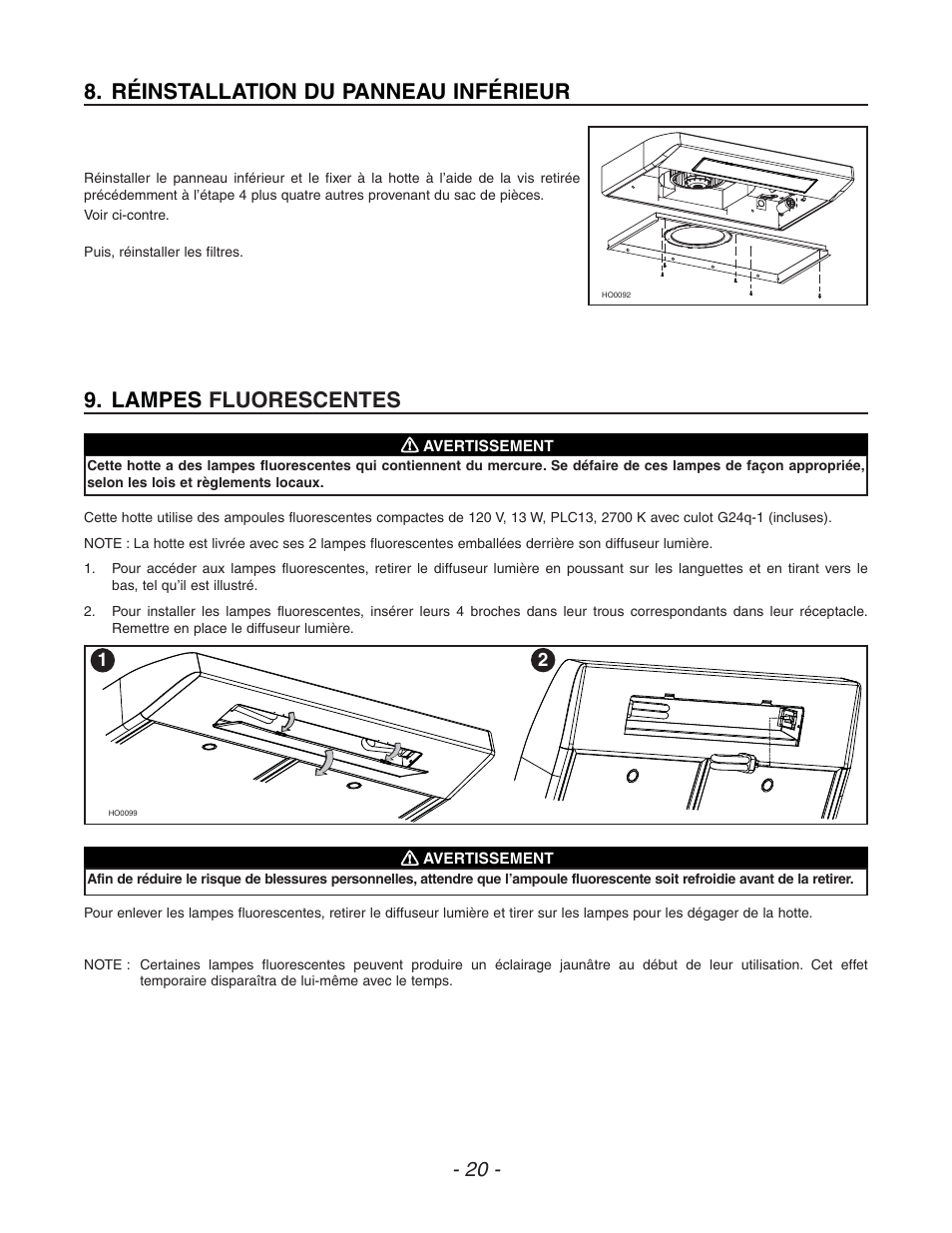 Lampes fluorescentes, Réinstallation du panneau inférieur | Venmar ESC270 User Manual | Page 20 / 36