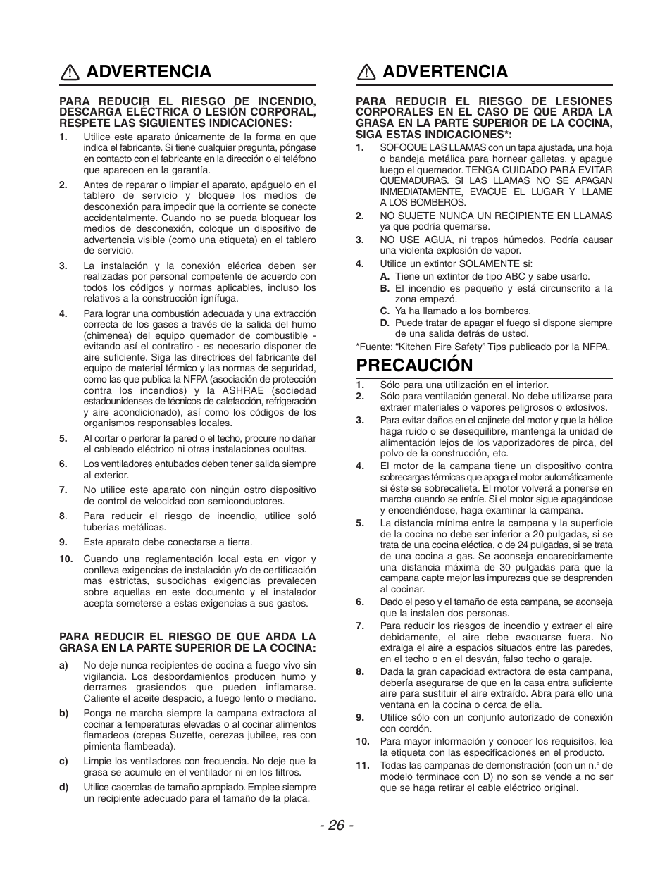 Advertencia, Precaución | Venmar ESC270 User Manual | Page 26 / 36