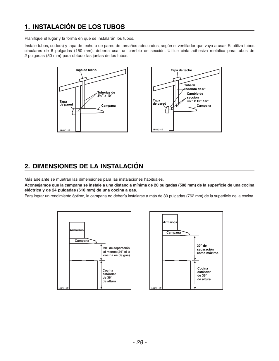 Instalación de los tubos, Dimensiones de la instalación | Venmar ESC270 User Manual | Page 28 / 36