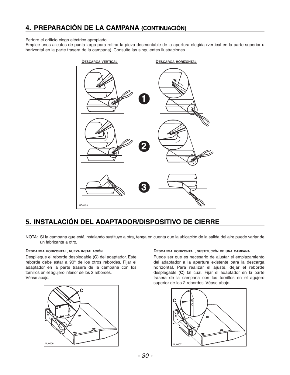 Preparación de la campana, Instalación del adaptador/dispositivo de cierre | Venmar ESC270 User Manual | Page 30 / 36