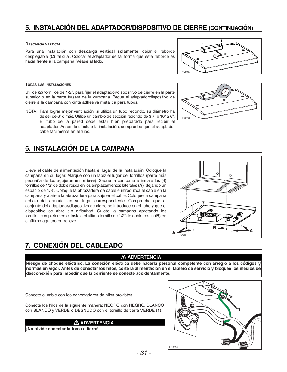 Instalación de la campana, Conexión del cableado, Instalación del adaptador/dispositivo de cierre | Continuación) | Venmar ESC270 User Manual | Page 31 / 36
