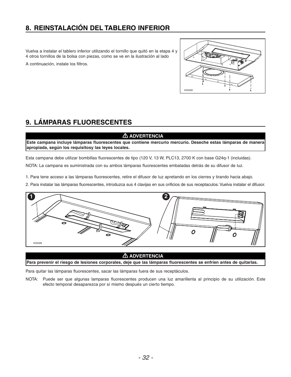 Lámparas fluorescentes, Reinstalación del tablero inferior | Venmar ESC270 User Manual | Page 32 / 36