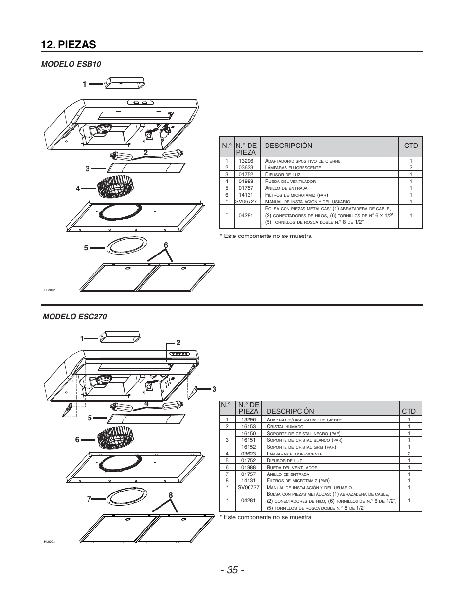Piezas, N.° n.° de descripción ctd pieza, N.° n.° de pieza descripción ctd | Venmar ESC270 User Manual | Page 35 / 36