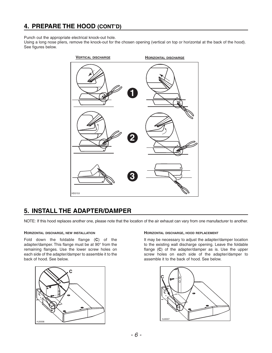 Prepare the hood, Install the adapter/damper | Venmar ESC270 User Manual | Page 6 / 36