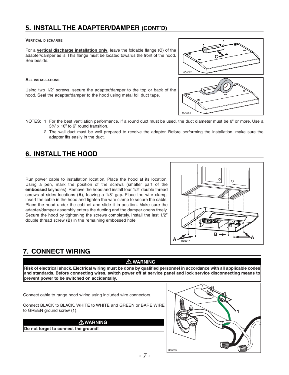Install the hood, Install the adapter/damper, Connect wiring | Cont’d) | Venmar ESC270 User Manual | Page 7 / 36