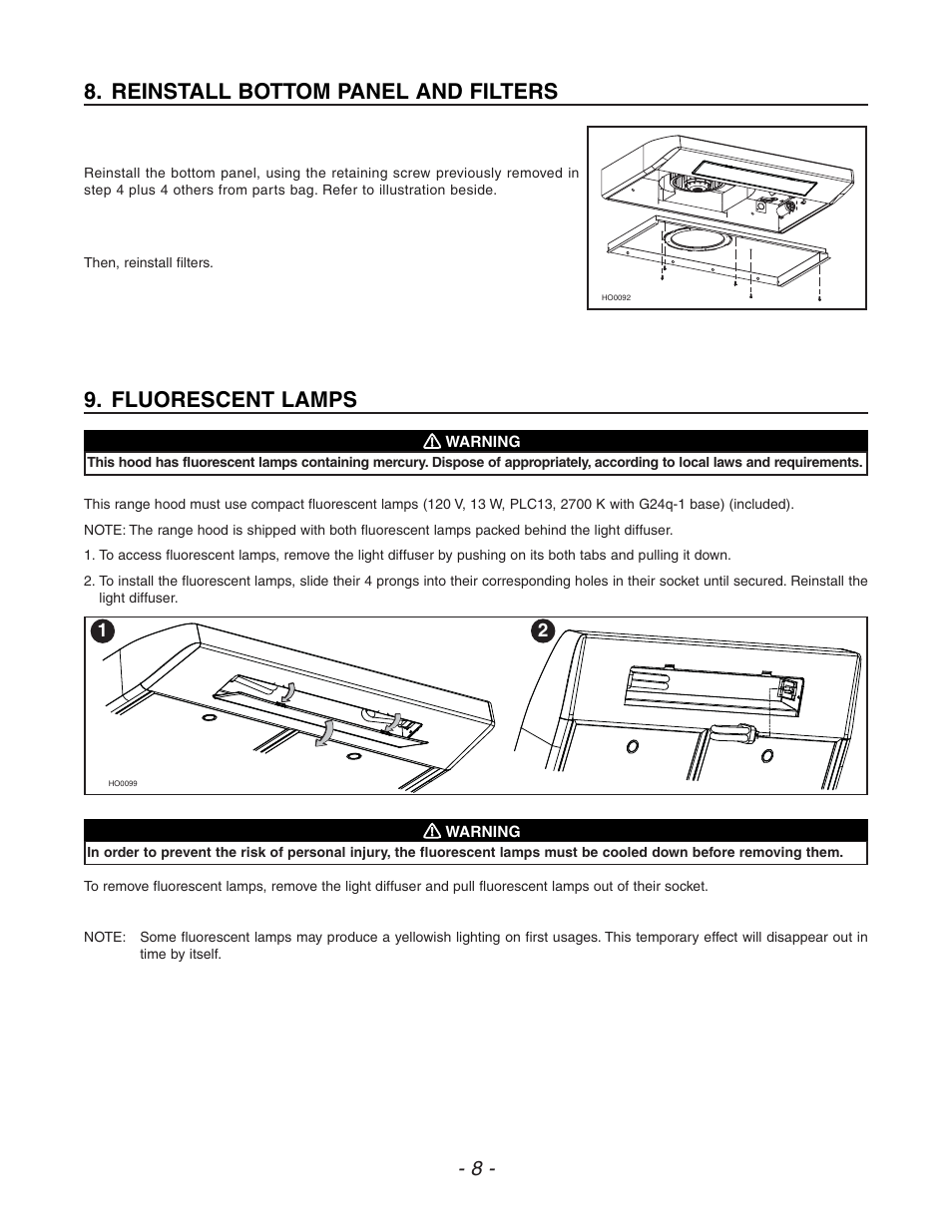 Reinstall bottom panel and filters, Fluorescent lamps | Venmar ESC270 User Manual | Page 8 / 36