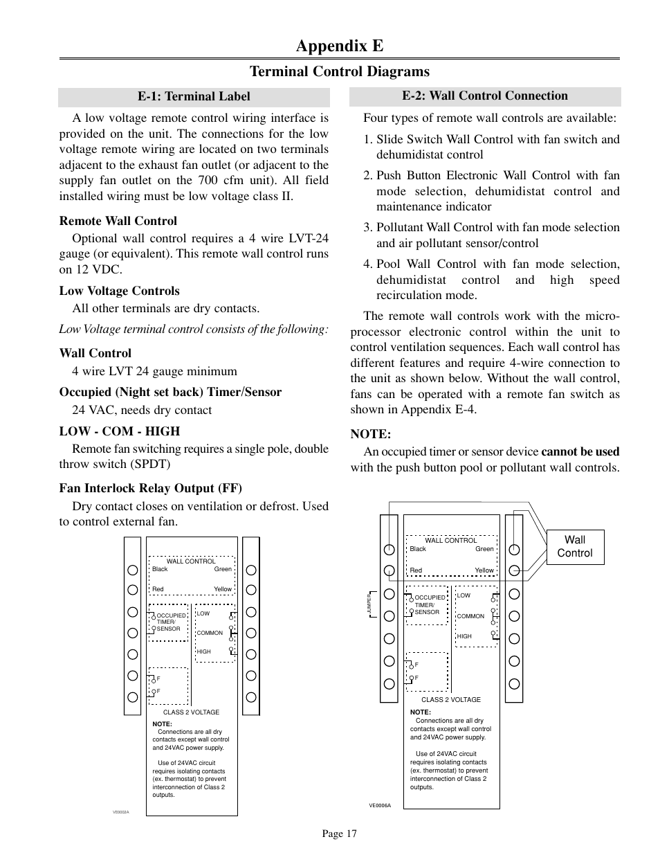 Appendix e, Terminal control diagrams, E-1: terminal label e-2: wall control connection | Venmar 700 cfm User Manual | Page 17 / 24