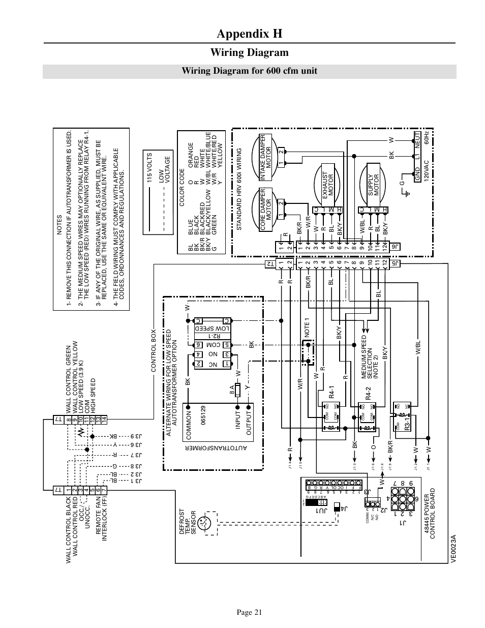 Appendix h, Wiring diagram, Wiring diagram for 600 cfm unit | Page 21 | Venmar 700 cfm User Manual | Page 21 / 24