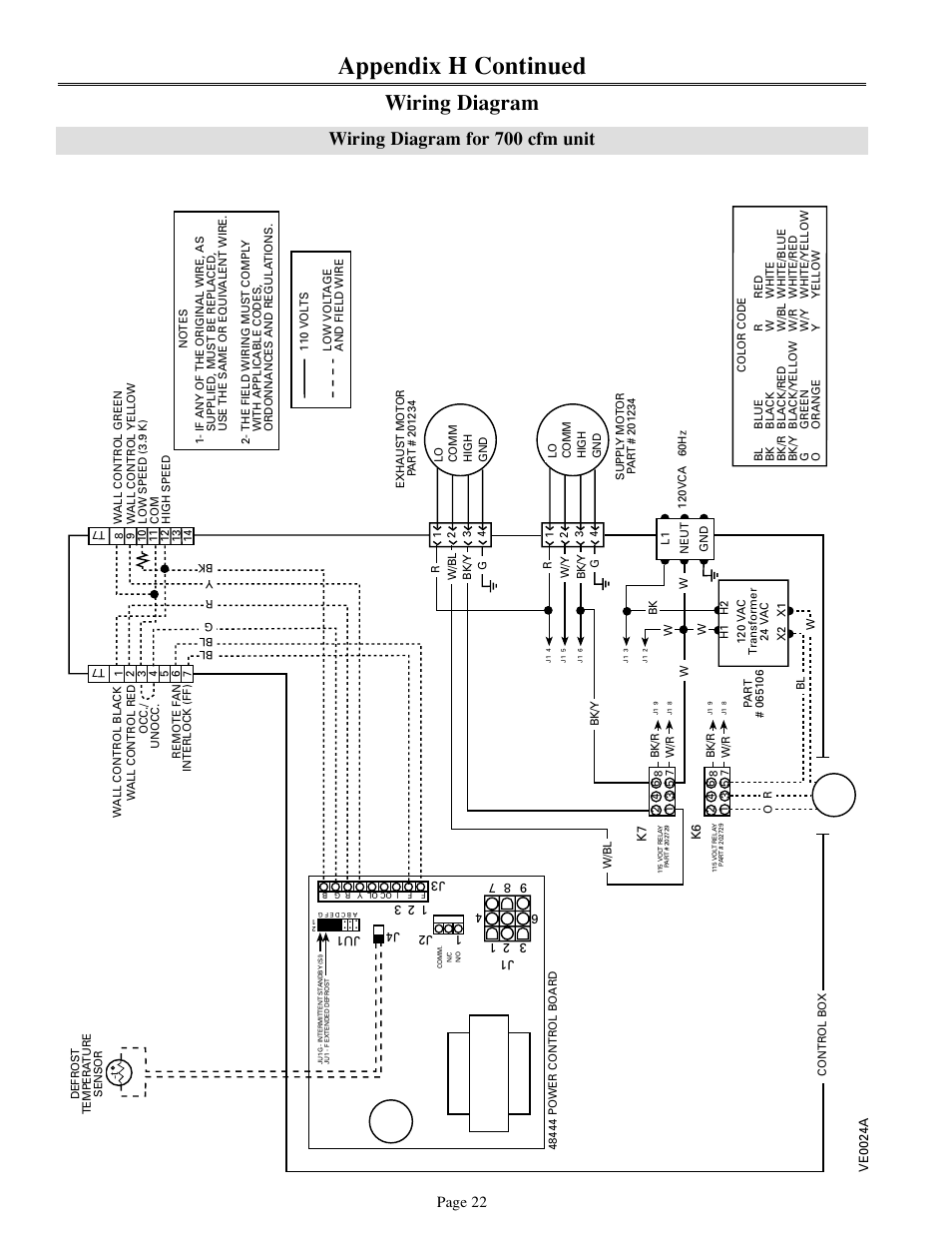 Appendix h continued, Wiring diagram, Wiring diagram for 700 cfm unit | Page 22 | Venmar 700 cfm User Manual | Page 22 / 24