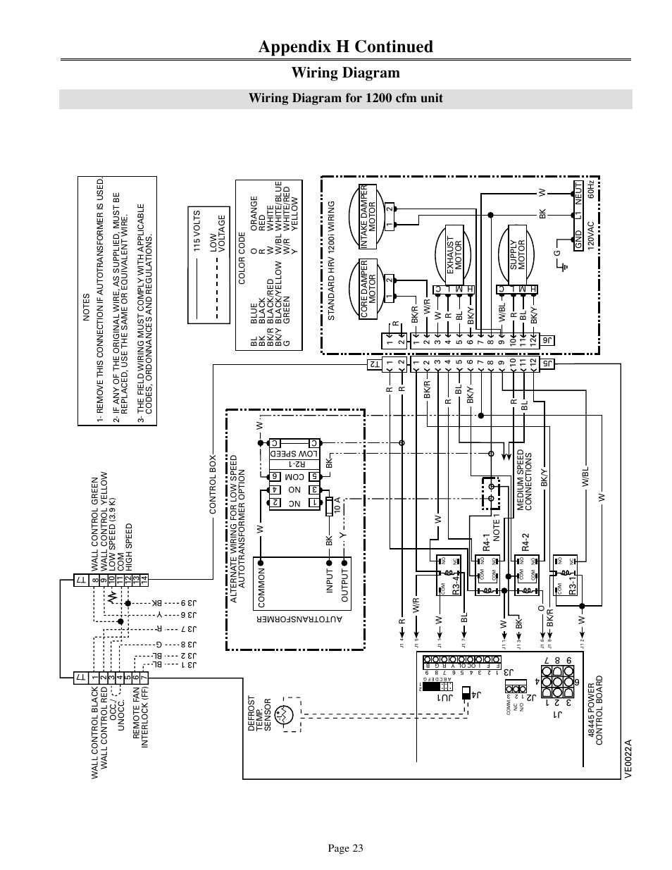 Appendix h continued, Wiring diagram, Wiring diagram for 1200 cfm unit | Page 23 | Venmar 700 cfm User Manual | Page 23 / 24