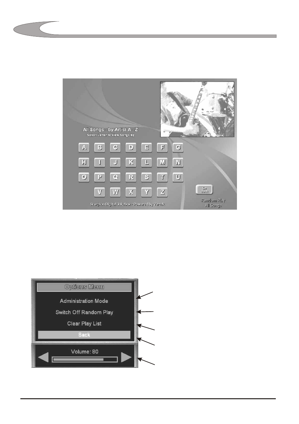 A to z screen - party mode, Options menu - party mode 12 12 | Vertek/XTC SCORPION 2330 User Manual | Page 12 / 40