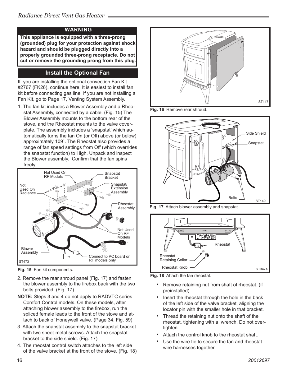 Radiance direct vent gas heater, Install the optional fan, Warning | Vermont Castings RADVTCB User Manual | Page 16 / 52