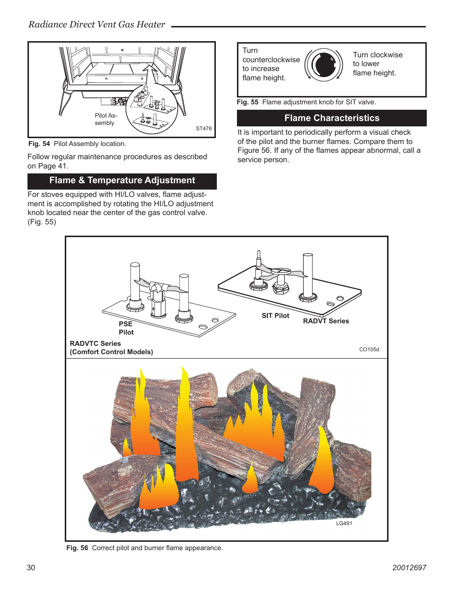 Radiance direct vent gas heater, Flame & temperature adjustment, Flame characteristics | Vermont Castings RADVTCB User Manual | Page 30 / 52