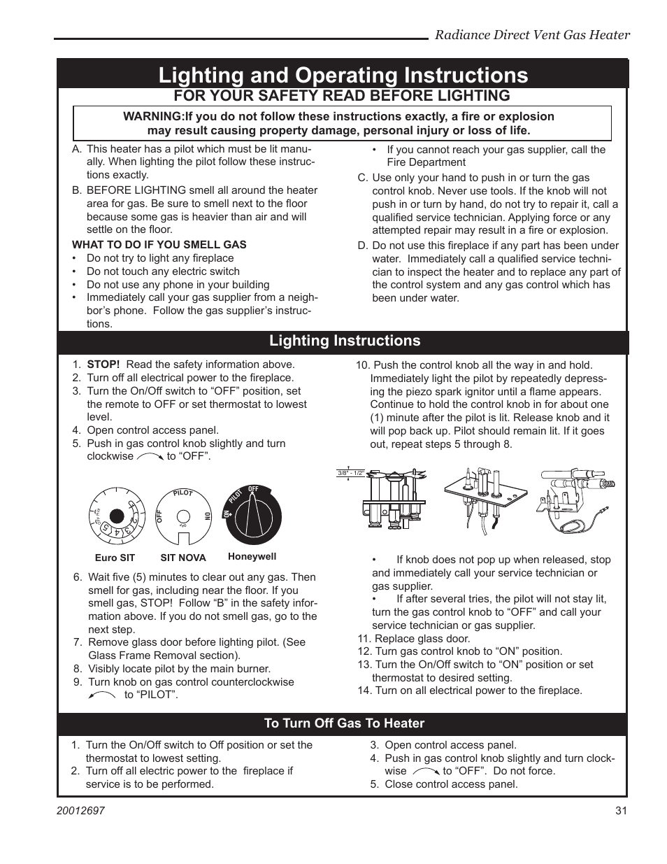 Lighting and operating instructions, For your safety read before lighting, Lighting instructions | Radiance direct vent gas heater | Vermont Castings RADVTCB User Manual | Page 31 / 52