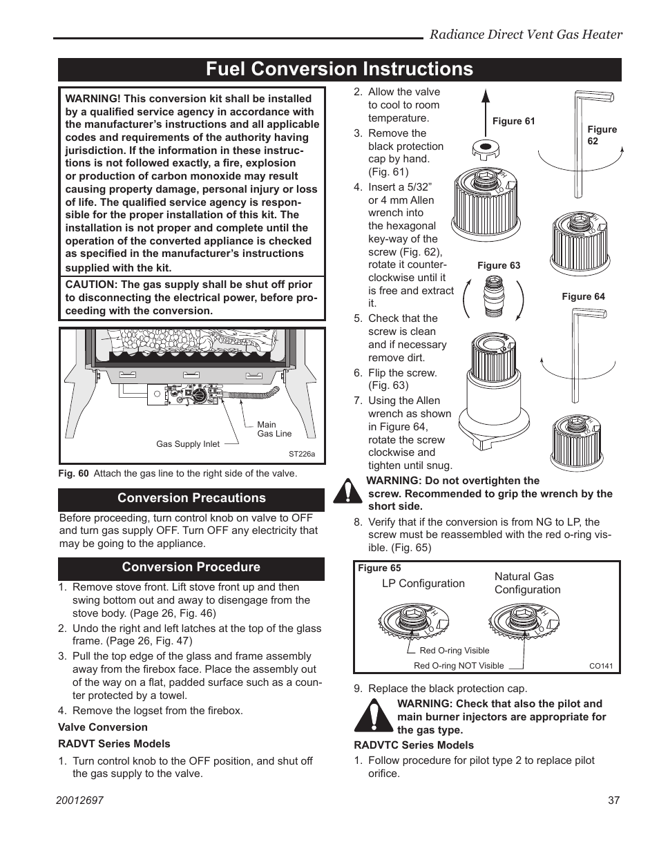 Fuel conversion instructions, Radiance direct vent gas heater, Conversion precautions | Conversion procedure | Vermont Castings RADVTCB User Manual | Page 37 / 52
