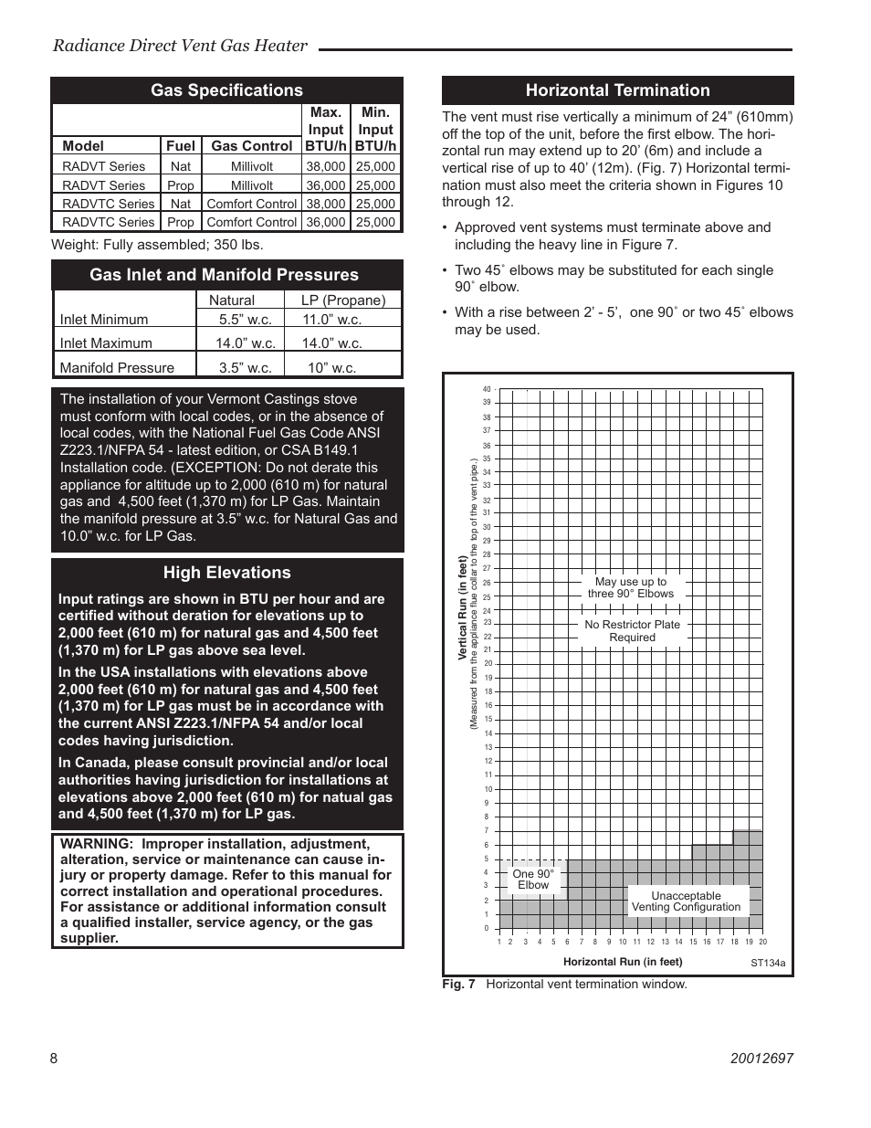 Radiance direct vent gas heater, Gas speciﬁcations, Gas inlet and manifold pressures | High elevations, Horizontal termination | Vermont Castings RADVTCB User Manual | Page 8 / 52