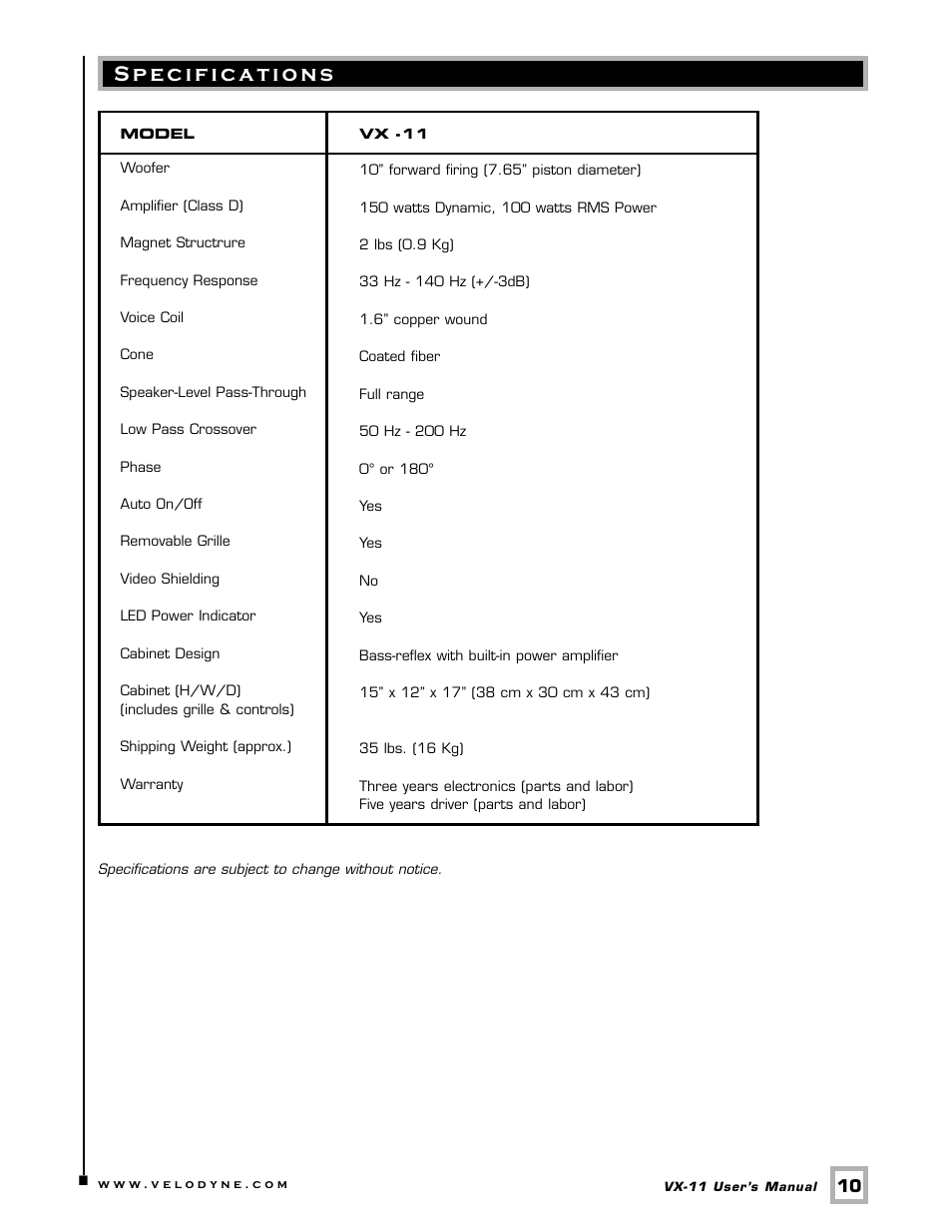 Specifications | Velodyne Acoustics V E L O D Y N E VX-11 User Manual | Page 13 / 16