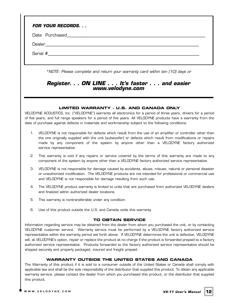 Velodyne Acoustics V E L O D Y N E VX-11 User Manual | Page 15 / 16