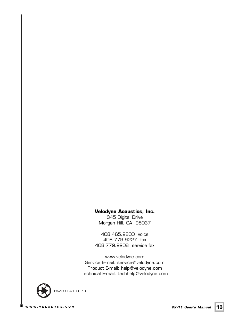 Velodyne Acoustics V E L O D Y N E VX-11 User Manual | Page 16 / 16