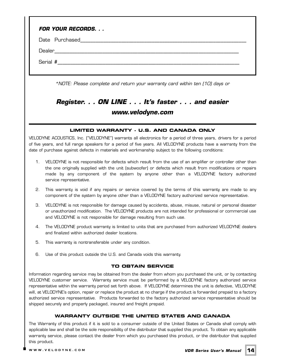 Velodyne Acoustics DSP-CONTROLLED SUBWOOFERS VDR-12 User Manual | Page 17 / 18