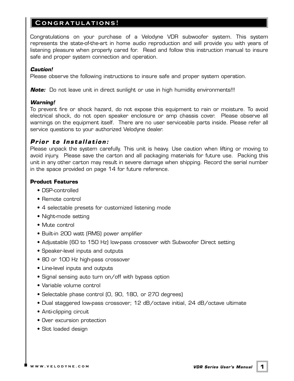 Velodyne Acoustics DSP-CONTROLLED SUBWOOFERS VDR-12 User Manual | Page 4 / 18