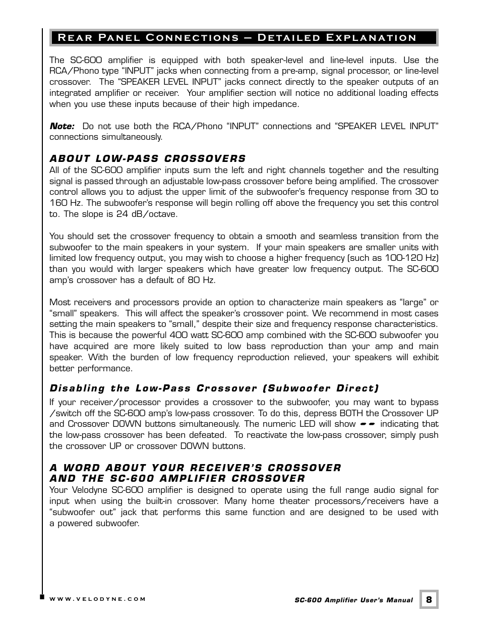 Velodyne Acoustics SUBCONTRACTOR SC-600 User Manual | Page 11 / 24