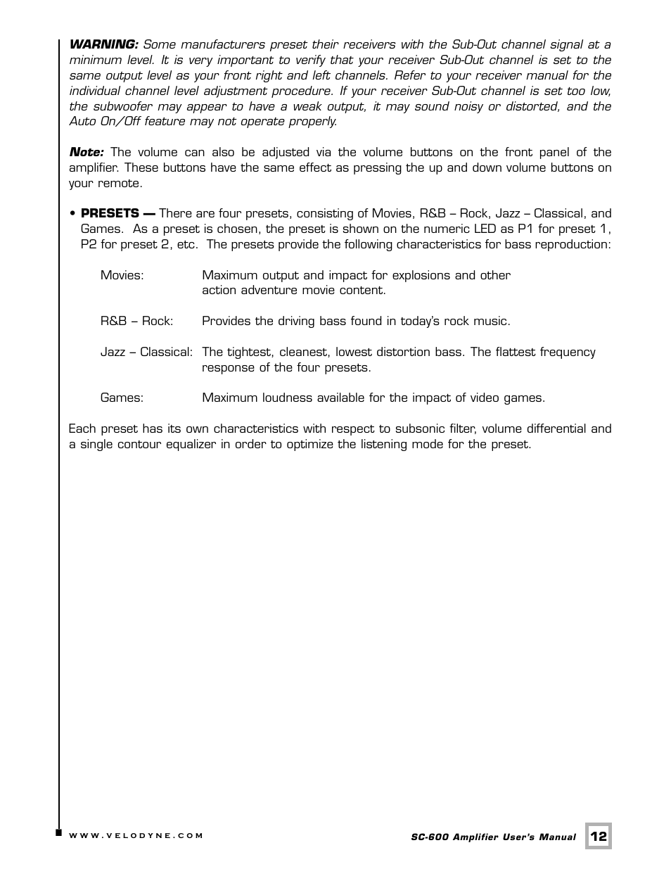 Velodyne Acoustics SUBCONTRACTOR SC-600 User Manual | Page 15 / 24