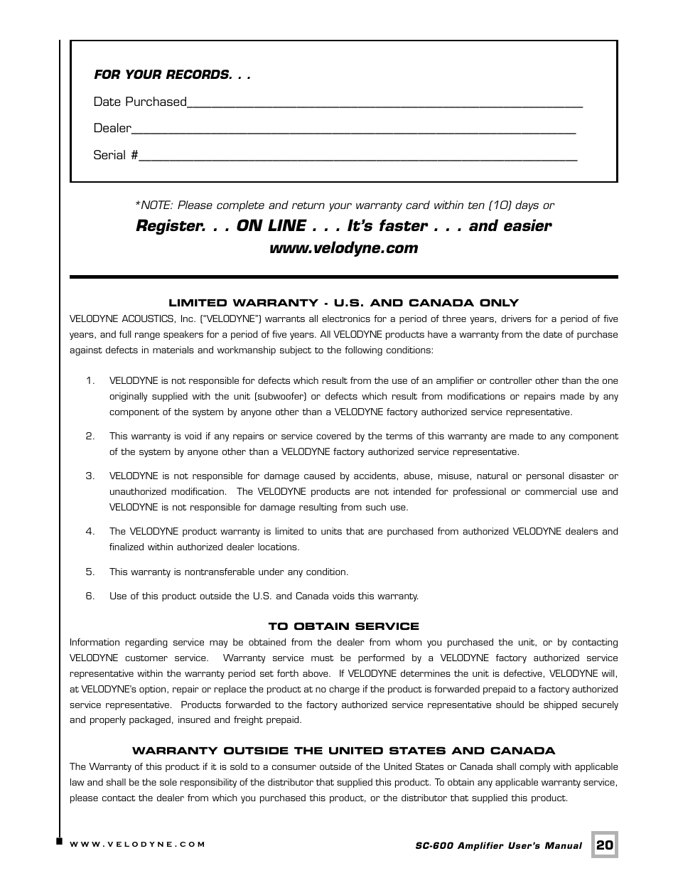 Velodyne Acoustics SUBCONTRACTOR SC-600 User Manual | Page 23 / 24