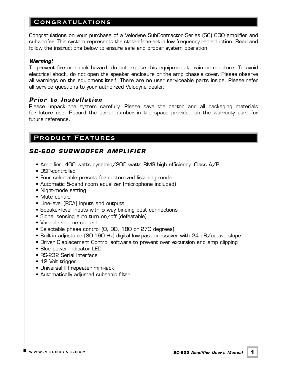 Velodyne Acoustics SUBCONTRACTOR SC-600 User Manual | Page 4 / 24