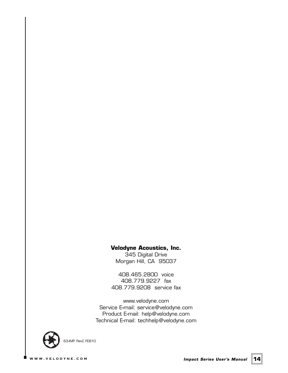 Velodyne Acoustics IMPACT MINI User Manual | Page 17 / 17