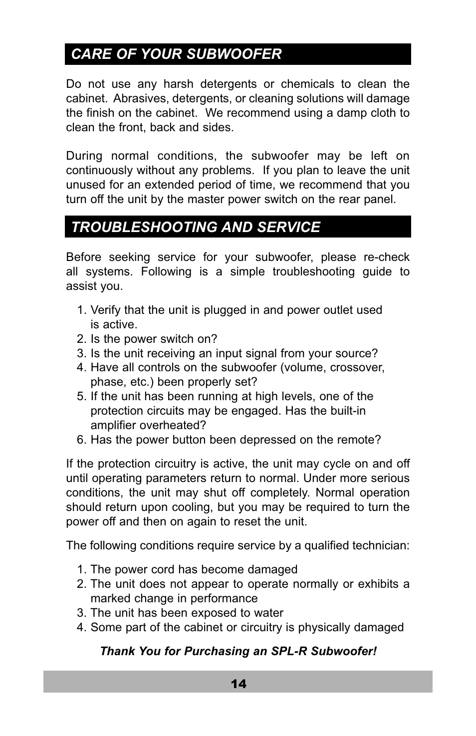 Care of your subwoofer, Troubleshooting and service | Velodyne Acoustics SPL-1200R User Manual | Page 15 / 18