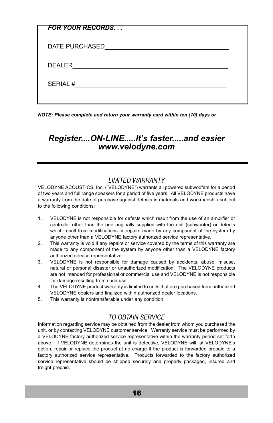 Limited warranty | Velodyne Acoustics SPL-1200R User Manual | Page 17 / 18