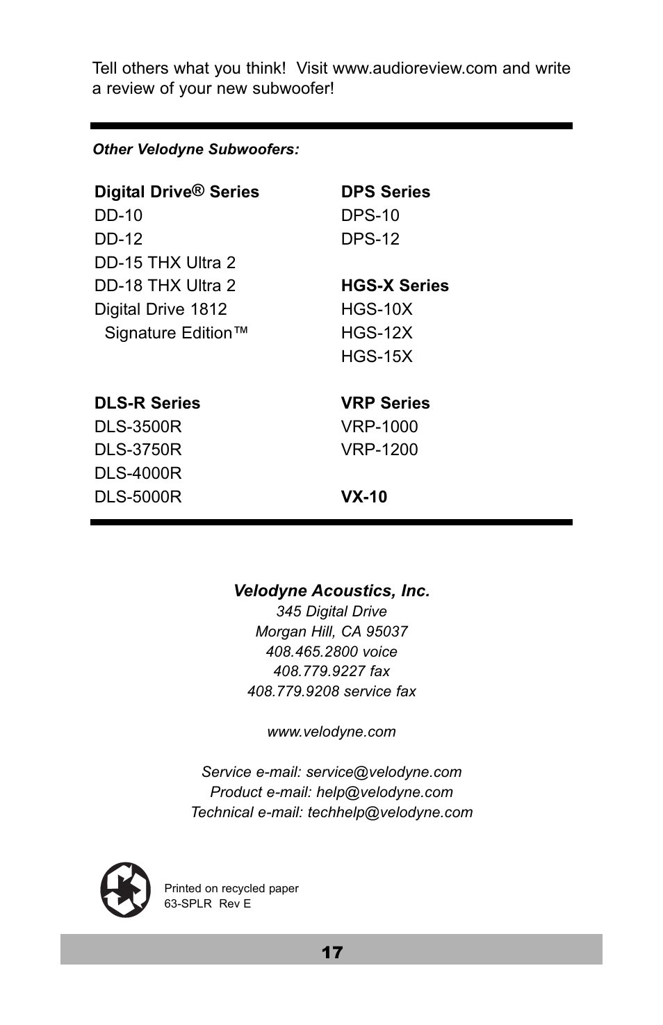 Velodyne Acoustics SPL-1200R User Manual | Page 18 / 18