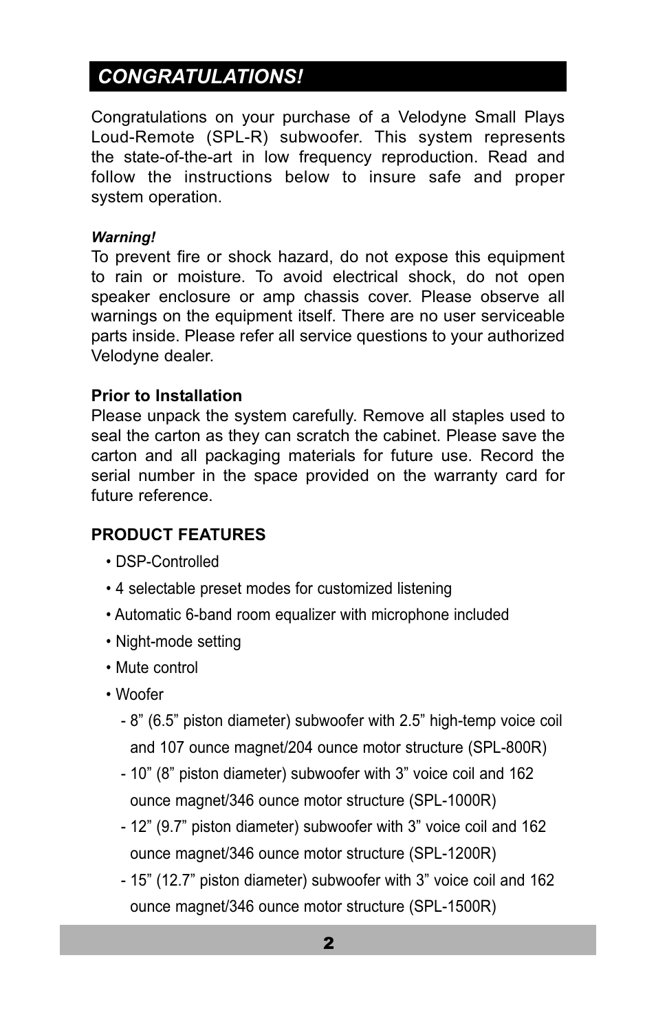 Velodyne Acoustics SPL-1200R User Manual | Page 3 / 18