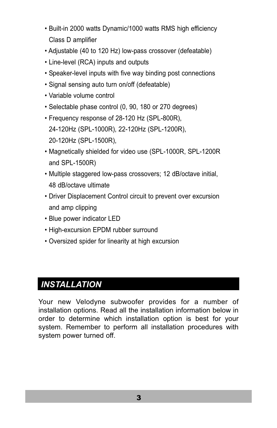 Installation | Velodyne Acoustics SPL-1200R User Manual | Page 4 / 18