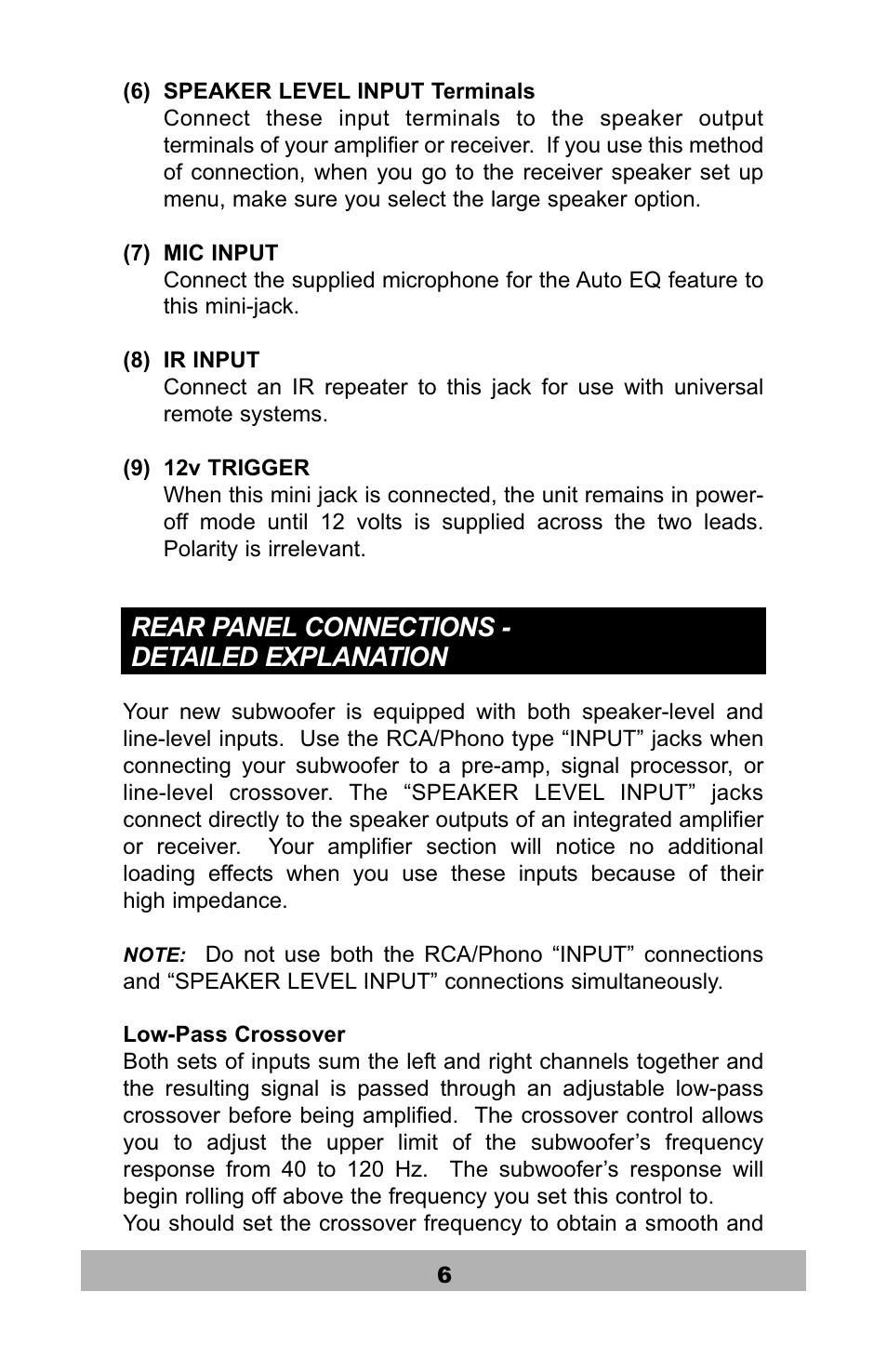 Rear panel connections - detailed explanation | Velodyne Acoustics SPL-1200R User Manual | Page 7 / 18