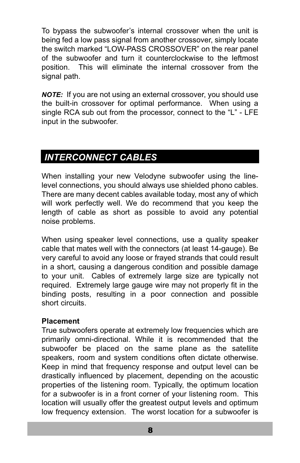 Interconnect cables | Velodyne Acoustics SPL-1200R User Manual | Page 9 / 18